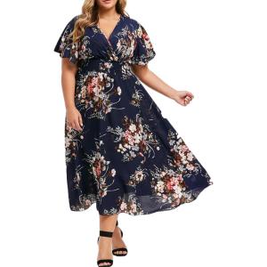 Plus Size Summer Floral Short Sleeve Midi Sun Dress Pleated Holiday Long Dress Beach Wedding Guest Dress(Navy)