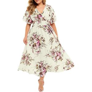 Plus Size Summer Floral Short Sleeve Midi Sun Dress Pleated Holiday Long Dress Beach Wedding Guest Dress(Offwhite)