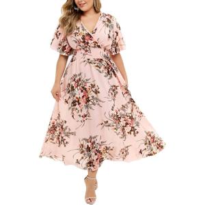 Plus Size Summer Floral Short Sleeve Midi Sun Dress Pleated Holiday Long Dress Beach Wedding Guest Dress(Pink)
