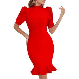 Puff Sleeve Bandage Dress Mermaid Tight Fitting Midi Formal Dresses for Women(A-red)