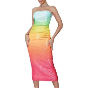 Rainbow Strapless Formal Dress Sequin Maxi Dress Back Slit Prom Evening Gowns Cocktail Party Dresses(Multicolored)