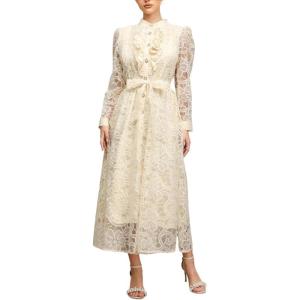 Round-Neck Long-Sleeve Maxi Dress with Lace Tie-Detail for Evening Autumn/Winter(Beige)