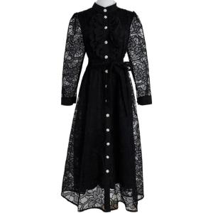 Round-Neck Long-Sleeve Maxi Dress with Lace Tie-Detail for Evening Autumn/Winter(Black)