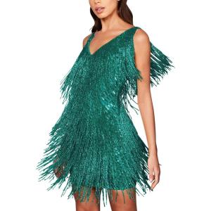Sequin Cocktail Dresses Flapper Dresses 1920s Gatsby with All-Over Fringe Mini Dresses Prom Party Dress(B-green)