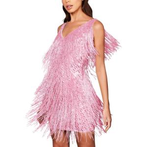 Sequin Cocktail Dresses Flapper Dresses 1920s Gatsby with All-Over Fringe Mini Dresses Prom Party Dress(B-pink)