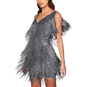 Sequin Cocktail Dresses Flapper Dresses 1920s Gatsby with All-Over Fringe Mini Dresses Prom Party Dress(B-silvergrey)