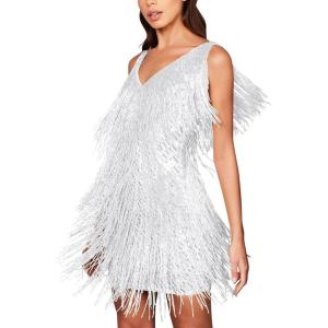 Sequin Cocktail Dresses Flapper Dresses 1920s Gatsby with All-Over Fringe Mini Dresses Prom Party Dress(B-white2)