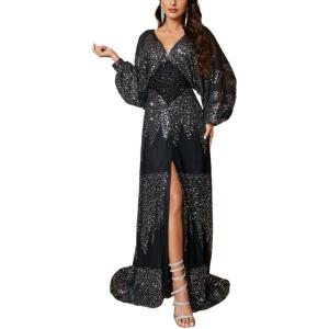 Sequins Maxi Dress Long Sleeve Chiffon V-Neck Split Waist Banquet Evening Dress(B-black)