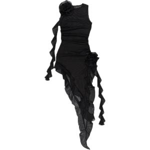 Sheer Mesh Fashion Day Dress Floral Tassel Ruffle y2k Nightclub Dress(Black)
