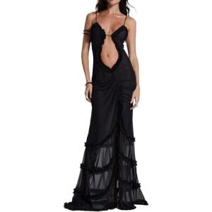 Skeleton Dress Printed Sexy Neckless Skeleton Lace Slit Halter Party Dresses(B-black)