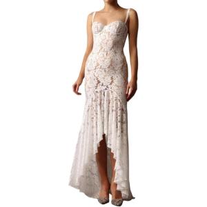 Sleeveless Lace Long Fishtail Halter Sexy See Through Lace Party Dresses(White)