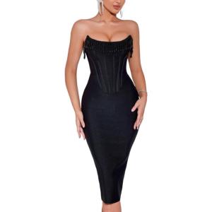 Sleeveless Sheath Bandage Dress Strapless Fishbone Split Party Evening Gowns(Black)