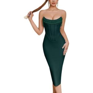 Sleeveless Sheath Bandage Dress Strapless Fishbone Split Party Evening Gowns(Green)