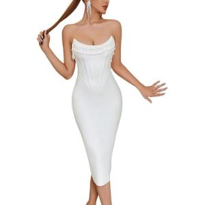 Sleeveless Sheath Bandage Dress Strapless Fishbone Split Party Evening Gowns(White)