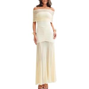 Slinky and Mesh Off Shoulder Maxi Dress Bridesmaid Evening Gowns Homecoming Prom Dresses(Beige)
