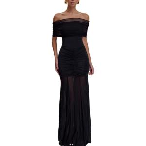 Slinky and Mesh Off Shoulder Maxi Dress Bridesmaid Evening Gowns Homecoming Prom Dresses(Black)