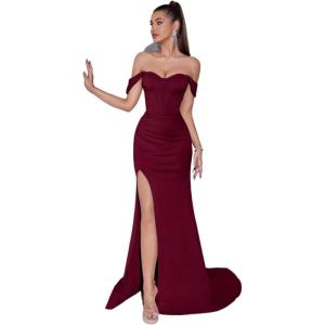 Split-Neck Off- Shoulder Long Dress Elegant Socialite Banquet Strapless Evening Gown(Wine)