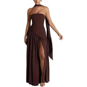 Strapless Bridesmaid Dresses with Scarf Long Maxi Dresses with Slit Formal Evening Gowns(Brown)