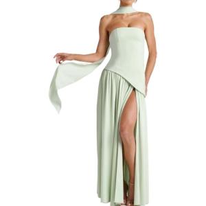 Strapless Bridesmaid Dresses with Scarf Long Maxi Dresses with Slit Formal Evening Gowns(Green)