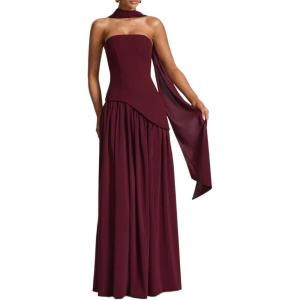Strapless Bridesmaid Dresses with Scarf Long Maxi Dresses with Slit Formal Evening Gowns(Wine)