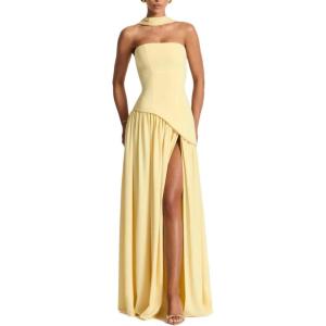 Strapless Bridesmaid Dresses with Scarf Long Maxi Dresses with Slit Formal Evening Gowns(Yellow)