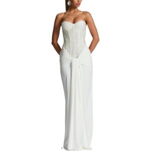 Strapless Sequin Maxi Dress with Mesh-Panel Waistband for Parties and Evening Events(White,XS)