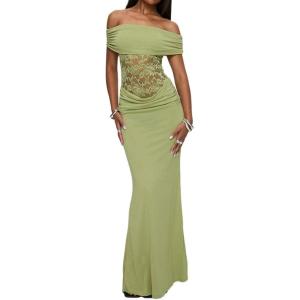 Strappy Lace Maxi Dress Fitted Waist Green Off-The-Shoulder Homecoming Dress(Green2)