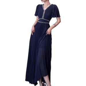 V-Neck Short-Sleeve Dress with Rhinestone Accents A-Line Silhouette for Everyday and Gatherings(Navy)