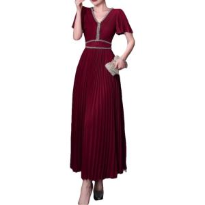 V-Neck Short-Sleeve Dress with Rhinestone Accents A-Line Silhouette for Everyday and Gatherings(Wine)