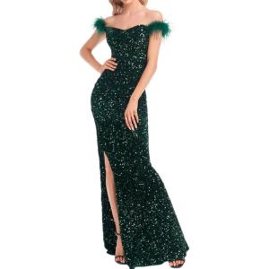 Women Off Shoulder Formal Dress with Feather Sparkly Gatsby Sequin Dress V Neck Maxi Dress(A-green)