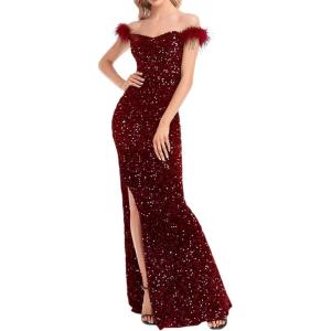 Women Off Shoulder Formal Dress with Feather Sparkly Gatsby Sequin Dress V Neck Maxi Dress(A-wine)