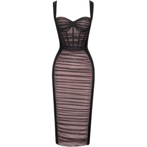 Women Shoulder Strap Midi Wedding Guest Dress Mesh Velvet Ruched Cocktail Party Dress(O-black)