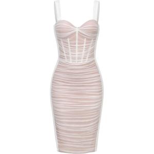 Women Shoulder Strap Midi Wedding Guest Dress Mesh Velvet Ruched Cocktail Party Dress(O-white)