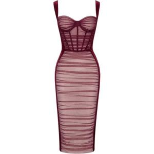 Women Shoulder Strap Midi Wedding Guest Dress Mesh Velvet Ruched Cocktail Party Dress(O-wine)