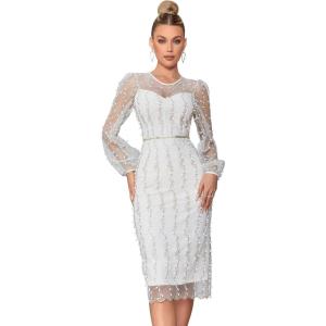 Women’s Floral Embroidery Mesh Round Neck Lace Party Dress Midi Dress Puff Long Sleeve Swing Chiffon Dresses(White)