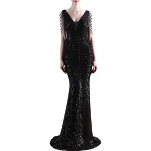 Women’s Full Sequins Dress V Neck Sleeveless with Tassel Beads Glitter Maxi Gown Evening Gowns Long Prom Dress(A-black)