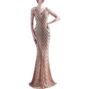 Women’s Full Sequins Dress V Neck Sleeveless with Tassel Beads Glitter Maxi Gown Evening Gowns Long Prom Dress(A-champane)