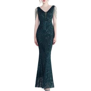 Women’s Full Sequins Dress V Neck Sleeveless with Tassel Beads Glitter Maxi Gown Evening Gowns Long Prom Dress(A-green)