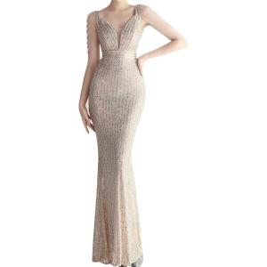 Women’s Full Sequins Dress V Neck Sleeveless with Tassel Beads Glitter Maxi Gown Evening Gowns Long Prom Dress(B-champane)