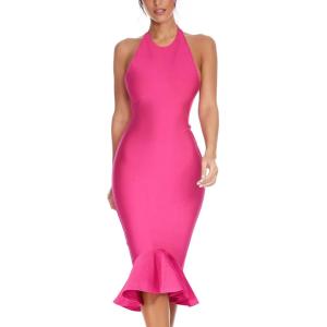 Women’s Halter Backless Wedding Party Bandage Dress Mermaid Midi Celebration Party Dresses(Rose)