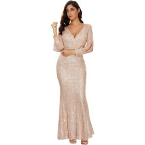Women’s Long Sleeve Full Sequins Mermaid Gown Long Prom Party Dress(A-beige)