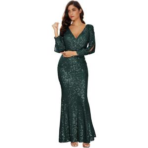 Women’s Long Sleeve Full Sequins Mermaid Gown Long Prom Party Dress(A-green)