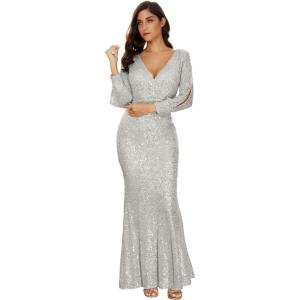 Women’s Long Sleeve Full Sequins Mermaid Gown Long Prom Party Dress(A-silver)