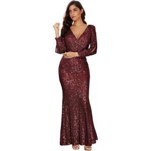Women’s Long Sleeve Full Sequins Mermaid Gown Long Prom Party Dress(A-wine)
