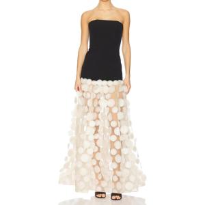 Women’s Natural Strapless Dress Bustier Slim Black Top Splicing White Polka Dot Net Yarn Gown(Black)