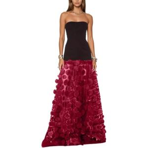 Women’s Natural Strapless Dress Bustier Slim Black Top Splicing White Polka Dot Net Yarn Gown(Red)