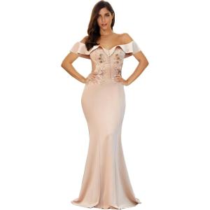Women’s Off Shoulder Ruffled Maxi Gown Long Evening Prom Dress(Beige)