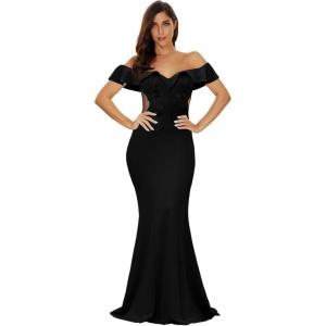 Women’s Off Shoulder Ruffled Maxi Gown Long Evening Prom Dress(Black)