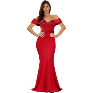 Women’s Off Shoulder Ruffled Maxi Gown Long Evening Prom Dress(Red)