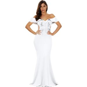 Women’s Off Shoulder Ruffled Maxi Gown Long Evening Prom Dress(White)